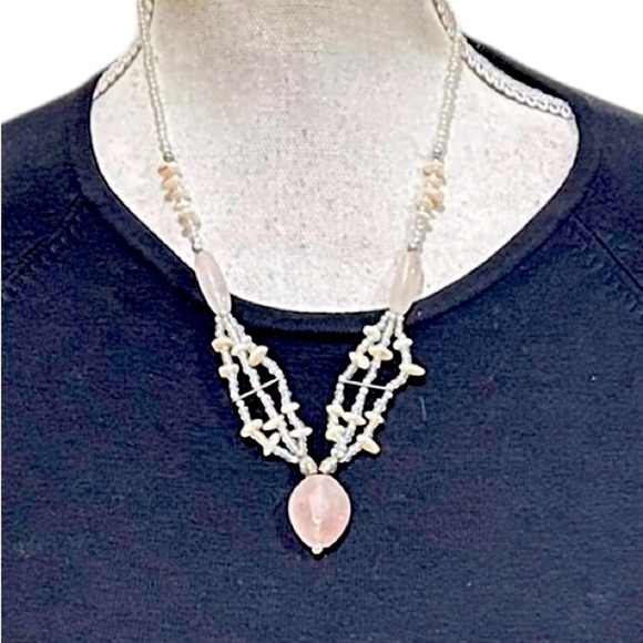 Vintage LdadPR faceted pink quartz pendant pale pink pearlized beads extender - Picture 1 of 6